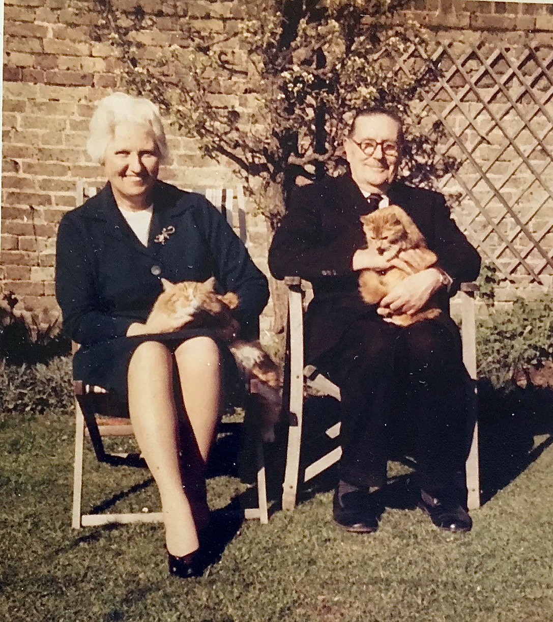 James and Cynthia Hall with their cats Puffkin and Jumble in the early 1970's